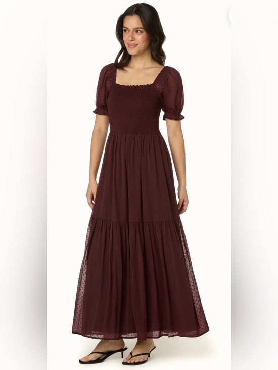 Patrons of Peace Dresses & Skirts - Patrons of Peace Burgundy Smocked Maxi Dress Swiss Dot Puff Sleeve Boho XS